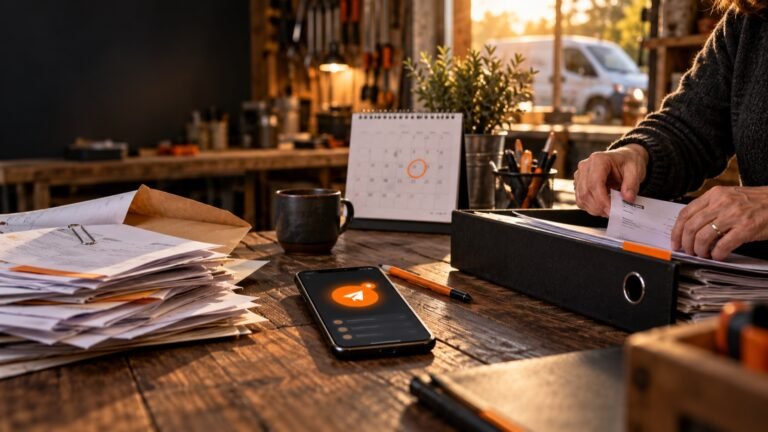 Bureau d'atelier où une pile de factures en attente, un téléphone et un calendrier mènent à une facture rangée dans un classeur à onglet orange