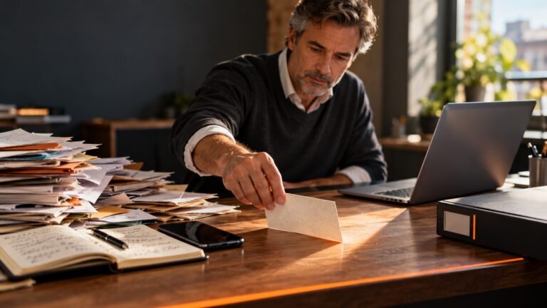Un dirigeant de petite entreprise isole une seule fiche d'une pile de documents pour la poser devant son ordinateur portable.