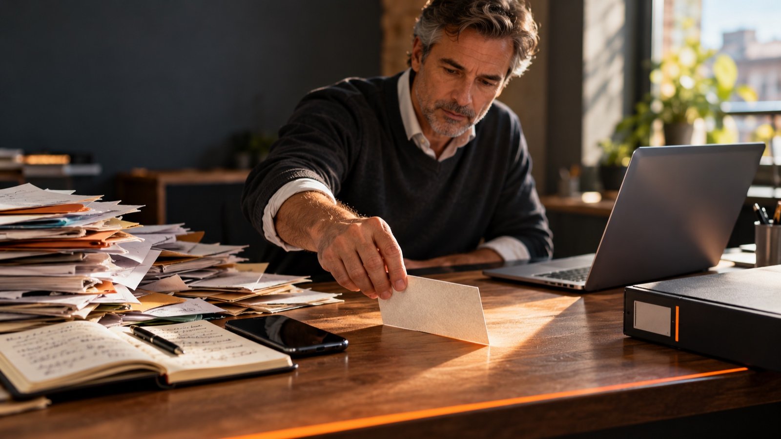 Un dirigeant de petite entreprise isole une seule fiche d'une pile de documents pour la poser devant son ordinateur portable.