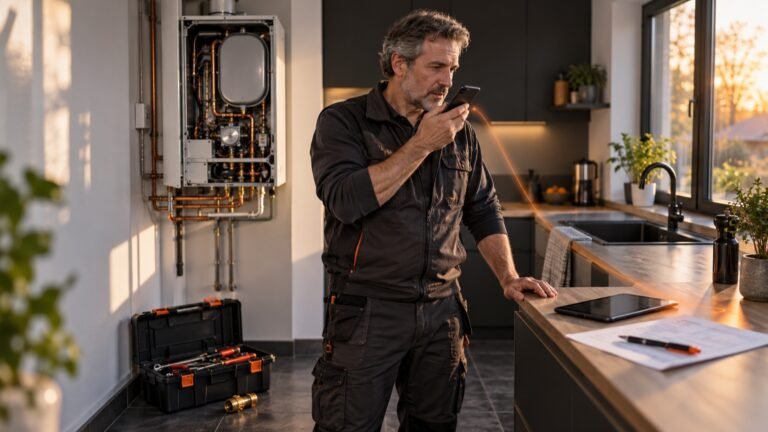 Artisan chauffagiste dictant ses observations sur son téléphone après avoir réparé une chaudière, un compte rendu imprimé posé sur le plan de travail.