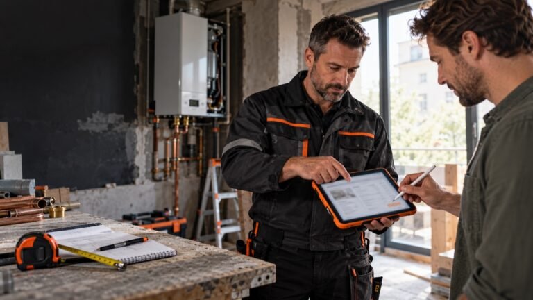Artisan chauffagiste présentant un devis sur tablette à son client, avec son mètre ruban et ses notes de visite posés sur le chantier