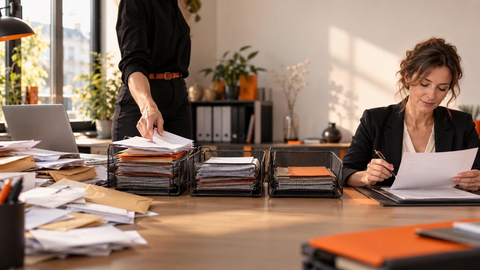 Bureau de petite entreprise où des courriers en vrac sont répartis dans trois corbeilles avant d'être relus par une gérante.