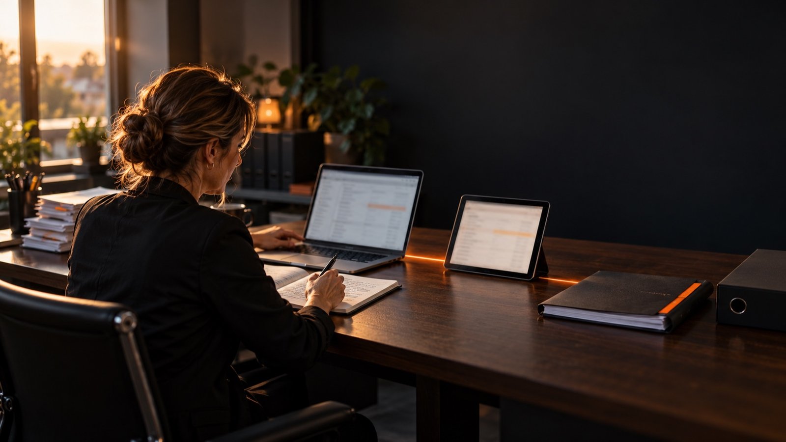 Responsable administrative comparant une fiche client recopiée à la main et l'écran d'un ordinateur relié à une tablette, sur un bureau de petite entreprise.