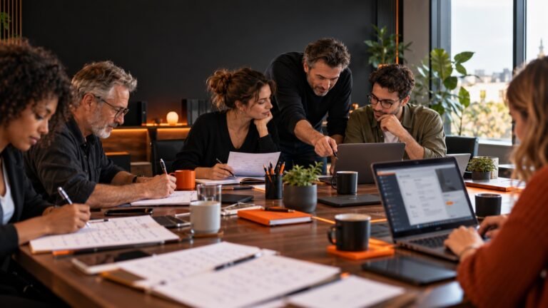 Atelier en petit groupe où des indépendants rédigent à la main la fiche de poste d’un agent IA pendant qu’un formateur accompagne un binôme devant un ordinateur portable.