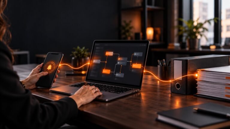 Bureau de PME où un smartphone recevant une demande, un ordinateur portable affichant un schéma de workflow et un dossier client rangé sont reliés par un fil de lumière orange.