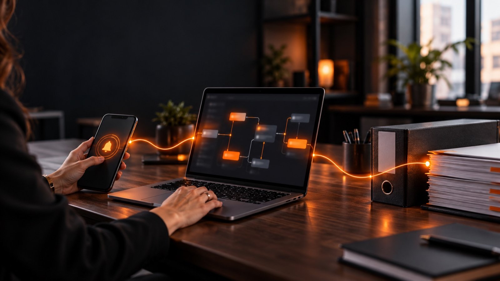 Bureau de PME où un smartphone recevant une demande, un ordinateur portable affichant un schéma de workflow et un dossier client rangé sont reliés par un fil de lumière orange.